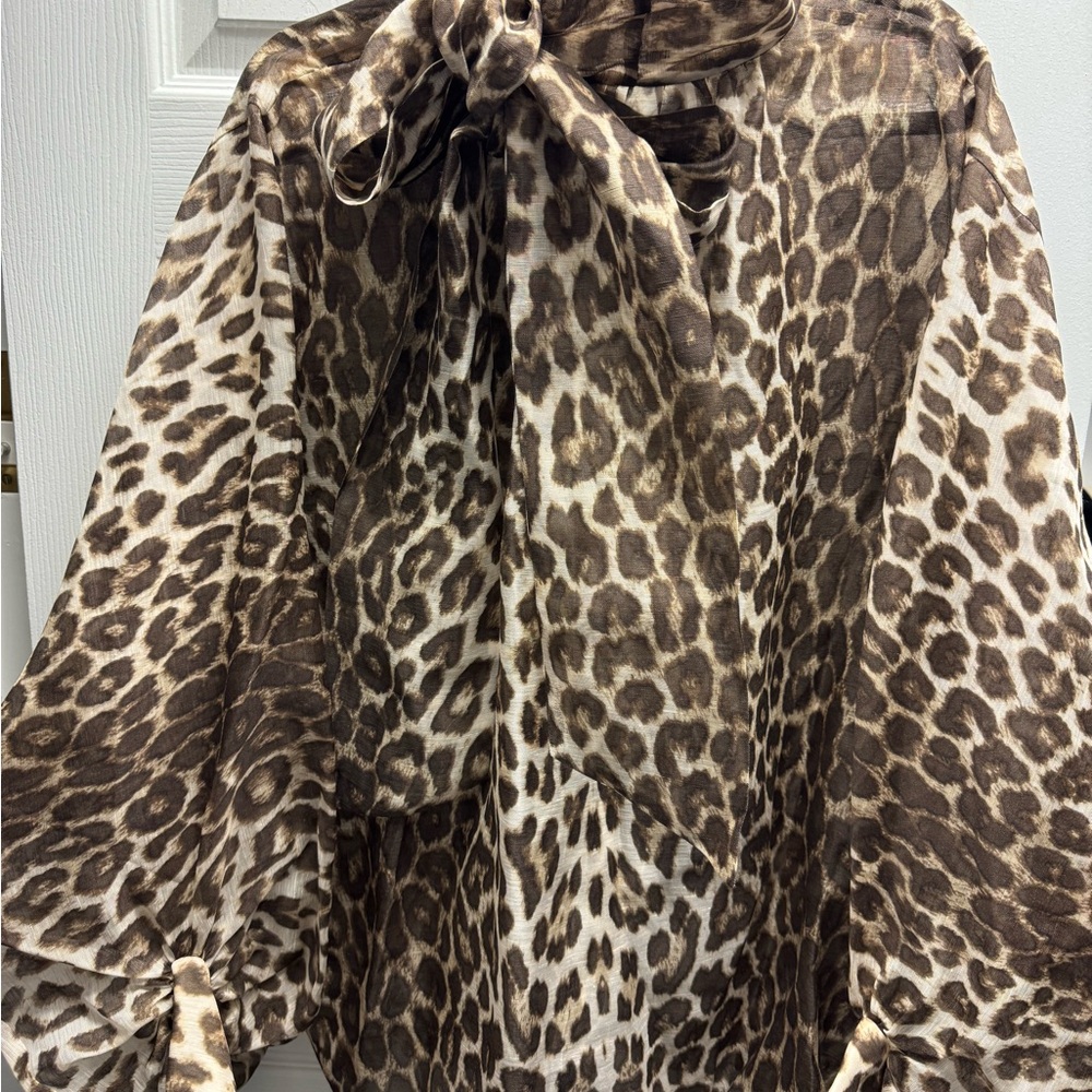 Zimmermann Brown Blouse with Leopard Print and Cuff Ties